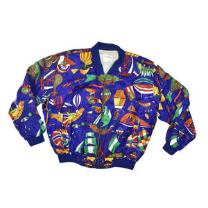 Vintage D.M.D. Bomber Jacket Royal Blue Hot Air Balloon Print Size XL Pockets